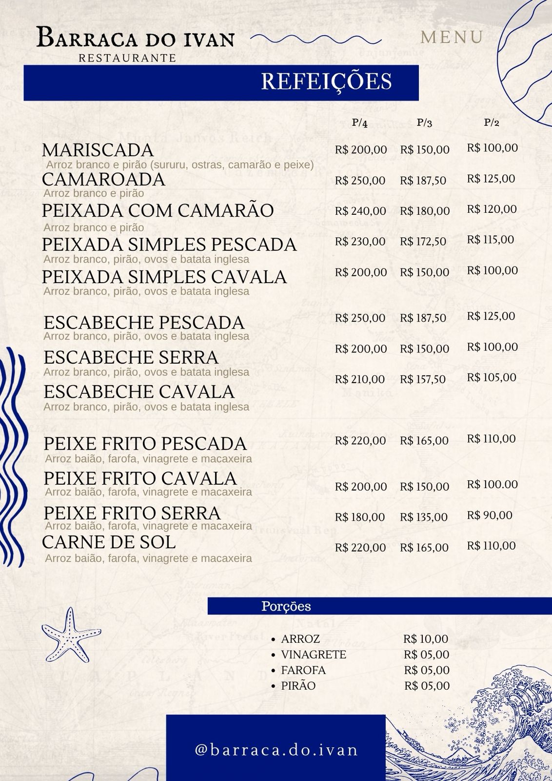 Cardápio de refeições da Barraca do Ivan – frutos do mar e pratos da culinária maranhense na Praia do Barro Vermelho